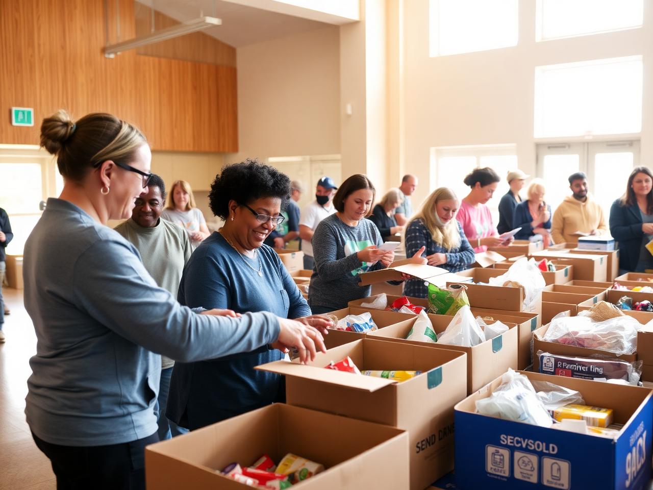 Volunteers organizing a community food drive